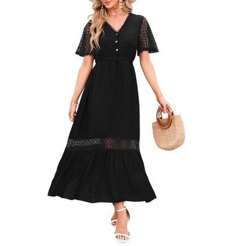 WhizMax Women s Lace Short Sleeve Maxi Dress V Neck High Elastic Waist Casual Flowy Beach Dress Black S