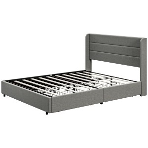 Yukimo 63" Queen Bed Frame with Storage Drawers, Upholstered Headboard Platform Base with Wood Slats, Light Gray - 1 of 4