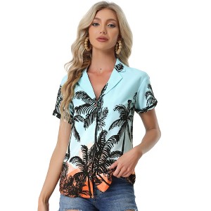 Allegra K Women's Hawaiian Floral Leaves Printed Short Sleeve Button Down Vintage Shirt - 1 of 4