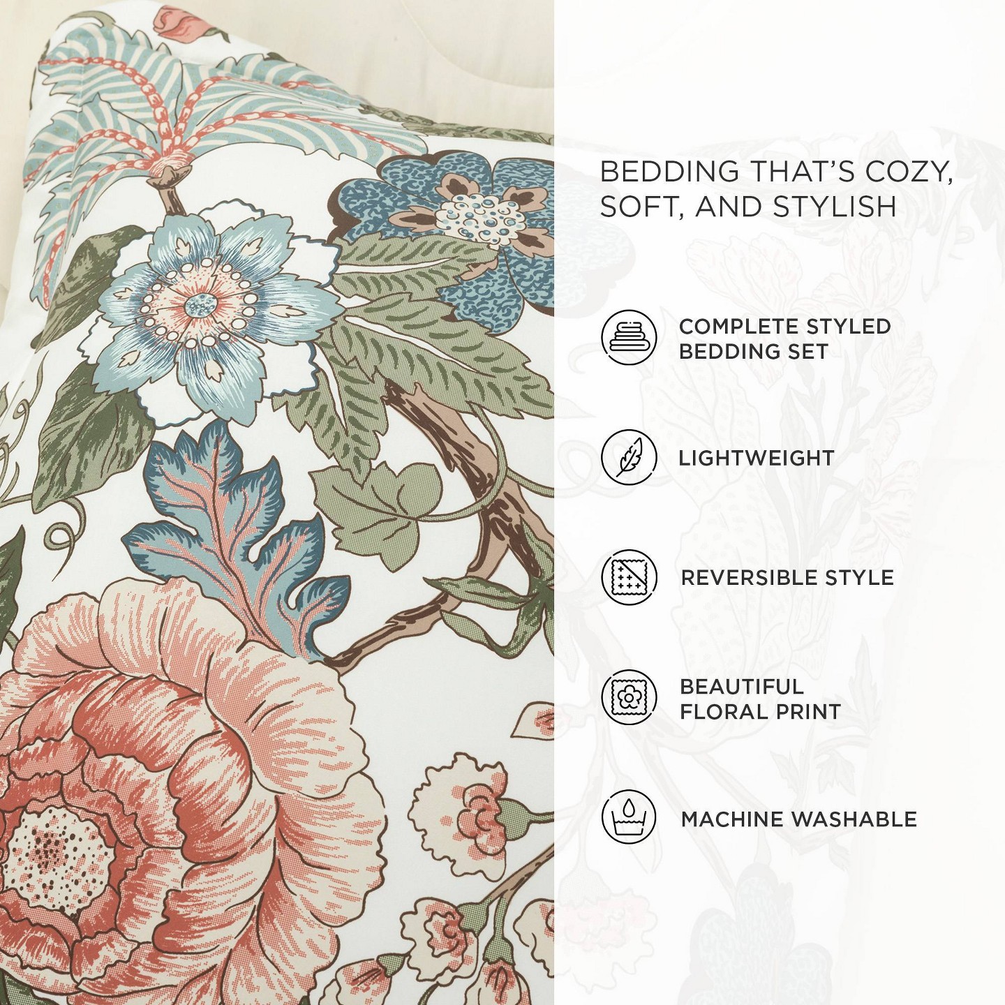 Постельное бельё Lush Decor 7pc Full/Queen Sydney Comforter Bedding Set Green/Blue: Reversible Floral Vintage Microfiber with Decorative Pillows, цвет: Зелёный — фото 7