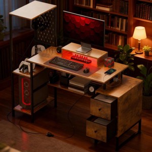55.9" Rustic Computer Desk with Power Outlets, Pegboard & Shelves, LED Gaming Workstation for Home Office -3irtyhousy - 1 of 4