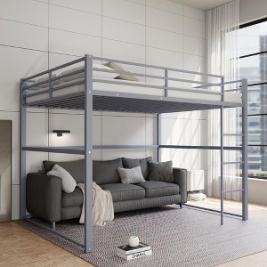 MAYEERTY Twin Size Metal Loft Bed, Loft Bed Frame with Safety Guard Rails & Flat Ladder, for Kids Teens Adults, Gray - 1 of 4