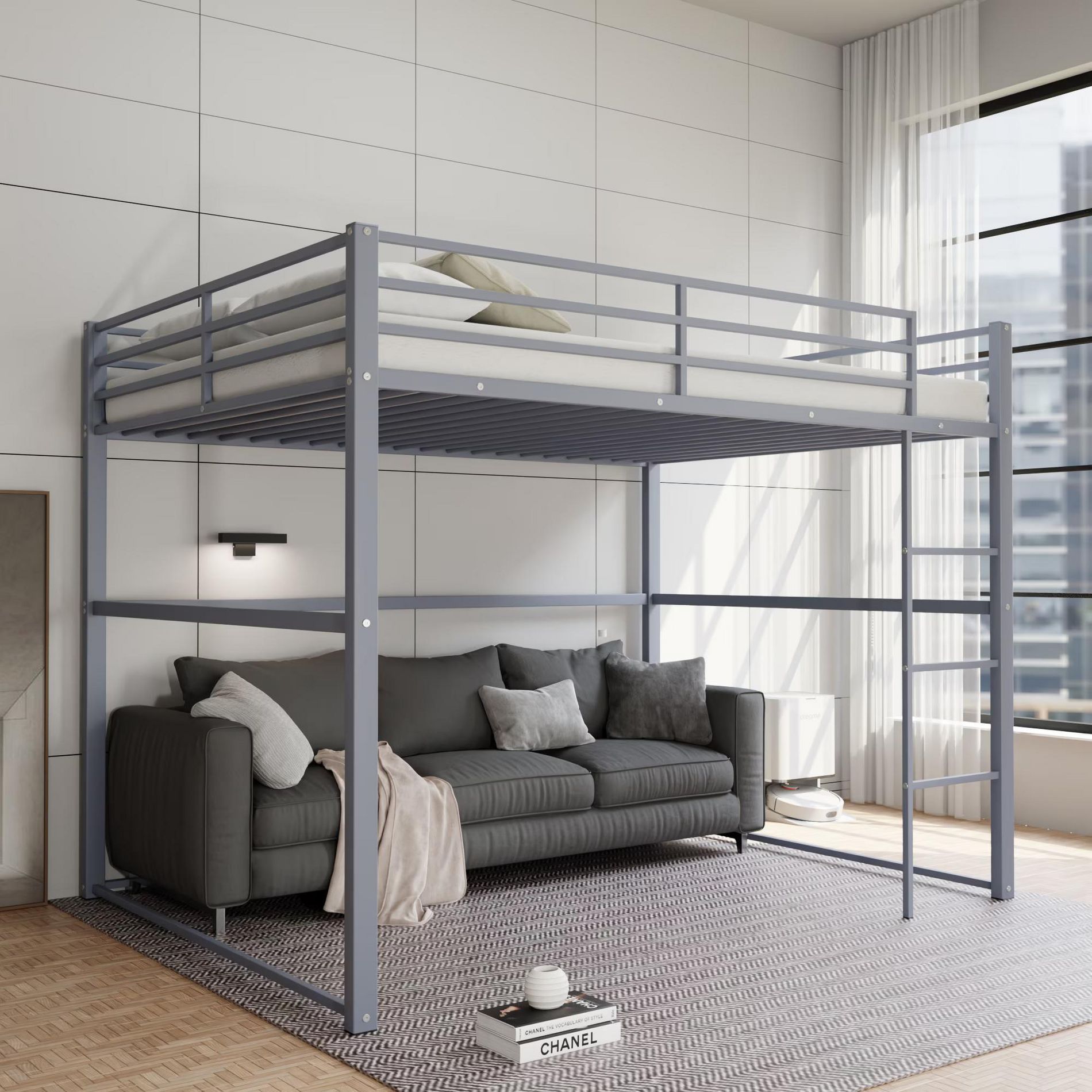 Kumasinova Metal Loft Bed Full Size,Loft Bed Frame with Guard Rails,Flat Ladder,Twin Loft Bed Frame for Dormitory,Bedroom,No Box Spring Needed,Gray