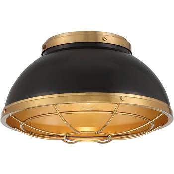 Possini Euro Design Hylara Modern Ceiling Light Flush Mount Fixture 15" Wide Gloss Black Warm Brass for Bedroom Kitchen Living Room Hallway Bathroom