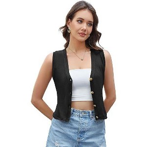Acekool Women's Sweater Vest – Cropped Button-Up Knit Tank, V-Neck Crochet Fall Top, Sleeveless Layer for Work or Casual - 1 of 4