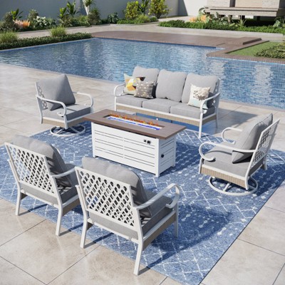 Captiva Designs 6pc extra large metal and rattan outdoor patio fire pit set with swivel grid-back chairs and table