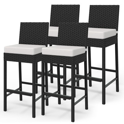 Two sets of outdoor bar stools, wicker patio stools and rattan bar chairs (without armrests), outdoor bar chairs with soft seat cushions.