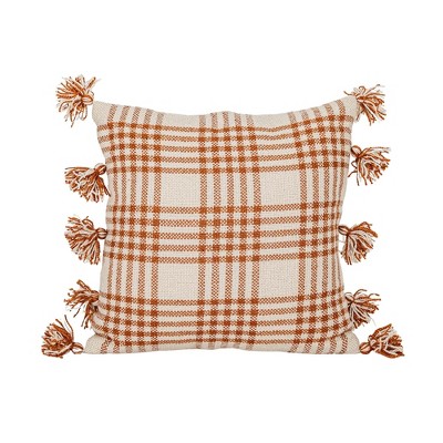 18x18 Inch Plaid Outdoor Pillow Rust Polyester With Polyester Fill by Foreside Home & Garden