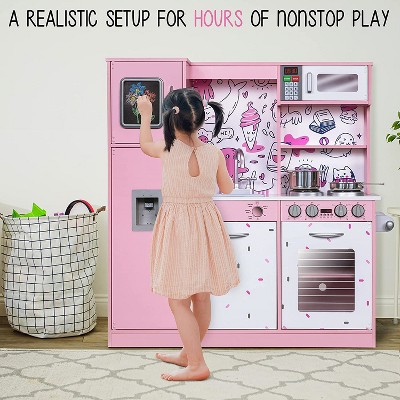 Pink Wooden Play Kitchen Set with Realistic Sounds