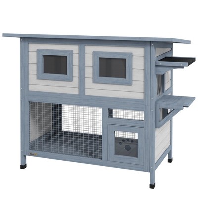 Gray 2-Tier Weatherproof Wooden Outdoor Cat House