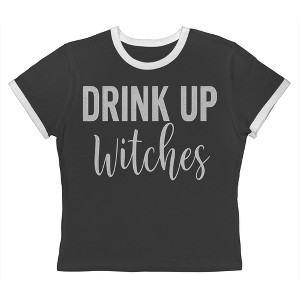 Rerun Island Women Drink Up Witches Text White Short Sleeve Graphic Cotton Retro Vintage Ranger Baby Tee - 1 of 4