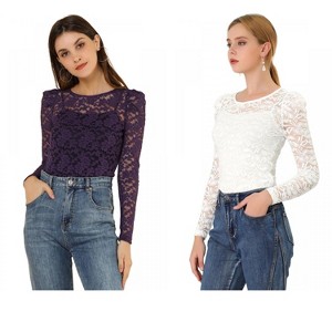 INSPIRE CHIC Women's Vintage Semi-Sheer Puff Long Sleeve Embroidery Lace Floral Blouse 2 Packs - 1 of 4