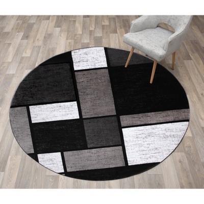 Gray and Black Geometric Synthetic Round Rug, 6'6"