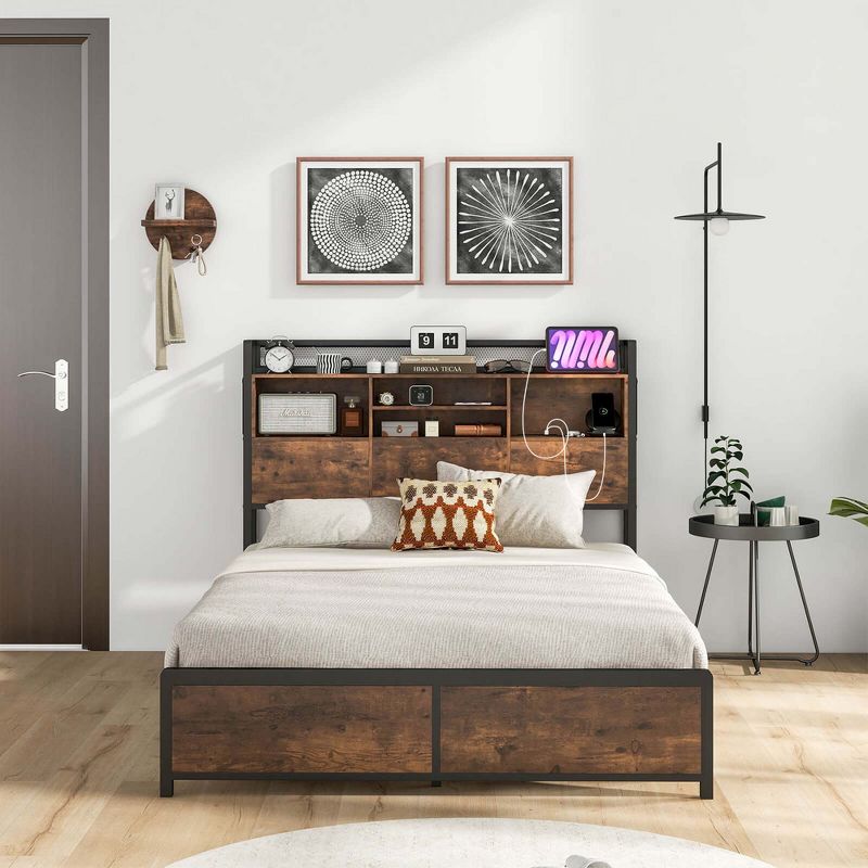 Costway Full/Queen Size Bed Frame with Storage Headboard and Charging Station Vintage Brown, 2 of 11