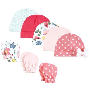 Hudson Baby Infant Girl Cotton Cap and Scratch Mitten Set, Modern Botanical, 0-6 Months - 1 of 4
