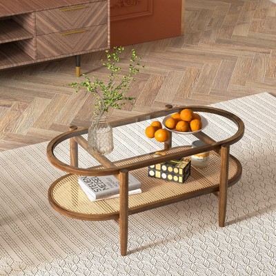 Costway 2-Tier Coffee Table Tempered Glass Top with PE Rattan Shelf & Acacia Wood Frame Brown