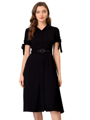 INSPIRE CHIC Women's Business Short Sleeve Pocket Belted Button Down Midi Shirt Dresses