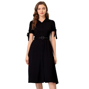 INSPIRE CHIC Women's Business Short Sleeve Pocket Belted Button Down Midi Shirt Dresses - 1 of 4