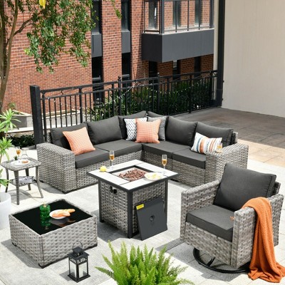 XIZZI 9-Piece Wicker Outdoor Patio Fire Pit Sectional Sofa Set with Cushions, All Weather Conversation Couch Set and Swivel Rocking Chairs