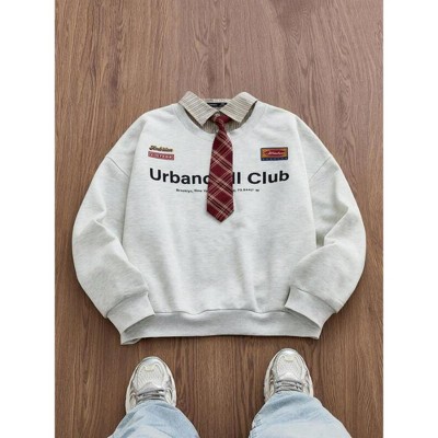 TIME HOLLOW Casual Long Sleeve Pullover Sweatshirt With Printed Tie Front Design