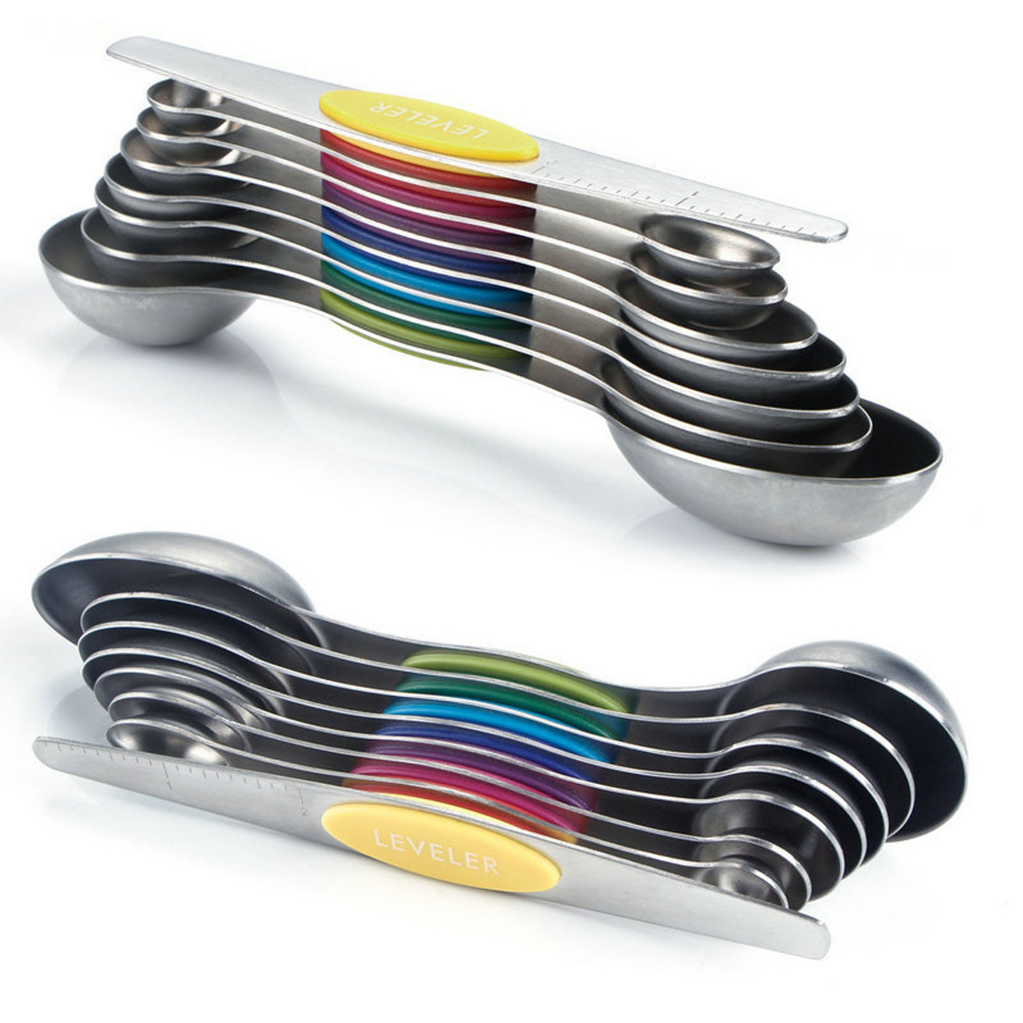 Modern Design Magnetic Measuring Spoons MULTI-COLOR Set of 8 Stainless Steel Dual Sided Stackable Nesting TSP and TBS