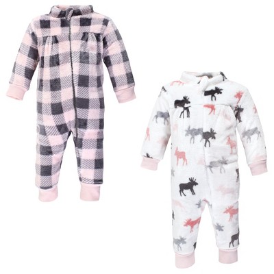 Image of Hudson Baby Infant Girl Plush Jumpsuits, Pink Moose, 0-3 Months