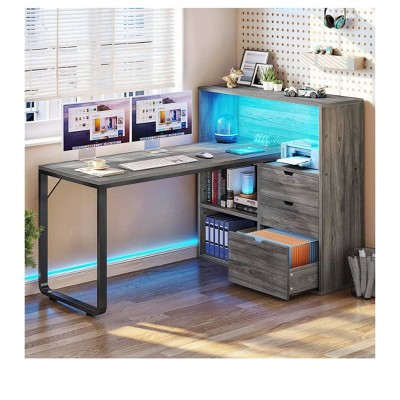 55in L Shaped Desk Office Desk with 3 Drawers & Power Outlets LED Corner Gaming Computer Table with Adjustable Shelf