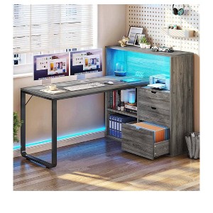 55in L Shaped Desk Office Desk with 3 Drawers & Power Outlets LED Corner Gaming Computer Table with Adjustable Shelf - 1 of 4