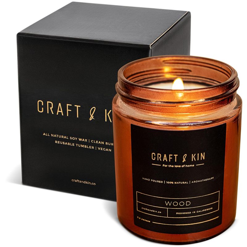 Craft & Kin Wood Wick, All-Natural Soy Aromatherapy Candle in Amber Glass Jar , 1 of 7
