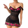 Clotth Floral Embroidery Babydoll Dress - Sexy Mesh Sheer Lingerie Set with Ruched Bodycon Design and Pearl Straps, includes Matching Thong, Black - 2 of 4