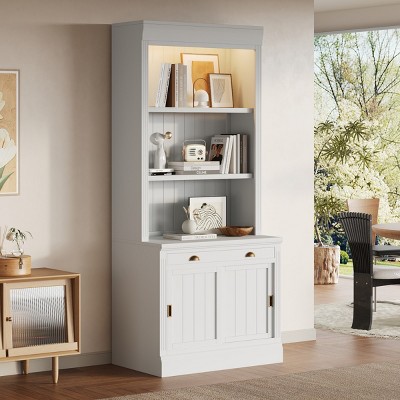83" Tall Bookcase with Sliding Doors and Adjustable Shelves,Solid Wood Frame Storage Cabinet with Open Display for Living Room Office-Baofuwish