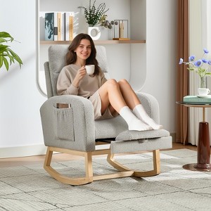 Rocking Chair Nursery Chair with Foot Rest, Recliner Armchair with High Backrest& Wood Legs and Side Pocket for Living Room, Bedroom,Grey - 1 of 4