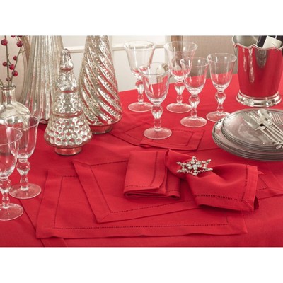 Set of 12 Red Hemstitched Polyester Dinner Napkins, 22" x 22"