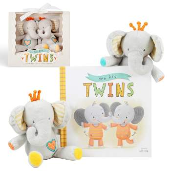 Tickle & Main We are Twins, Baby and Toddler Twin Gift Set, Keepsake Book and Set of 2 Plush Elephant Rattles for Boys and Girls