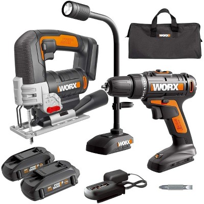 Worx WX958L 20V Power Share Cordless Drill & Jigsaw with Flex Light Combo Kit