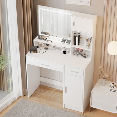 NicBex Vanity Desk with LED Strip,Modern Makeup Vanity with Mirror and Adjustable Lighting,3-Tier Storage Vanity Table for Bedroom