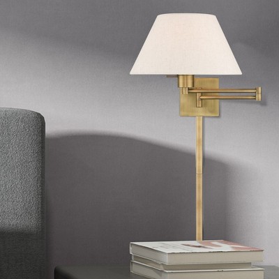 Antique Brass Swing Arm Wall Lamp with Oatmeal Fabric Shade
