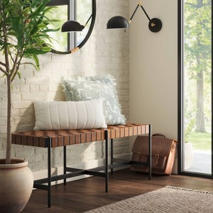 Woven Faux Leather with Metal Base Bench Brown - Threshold™: Upholstered Rectangular Ottoman, Indoor Seating - 1 of 4
