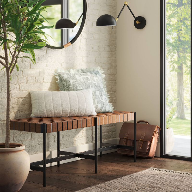 Woven Faux Leather with Metal Base Bench Brown - Threshold&#8482;, 3 of 7