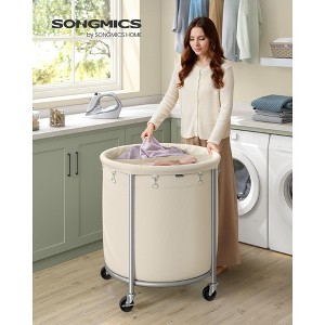 63.5-Gallon Rolling Laundry Hamper with 2 Compartments, Heavy-Duty Steel Frame Cart with Locking Wheels, Cream White and Silver - 1 of 4