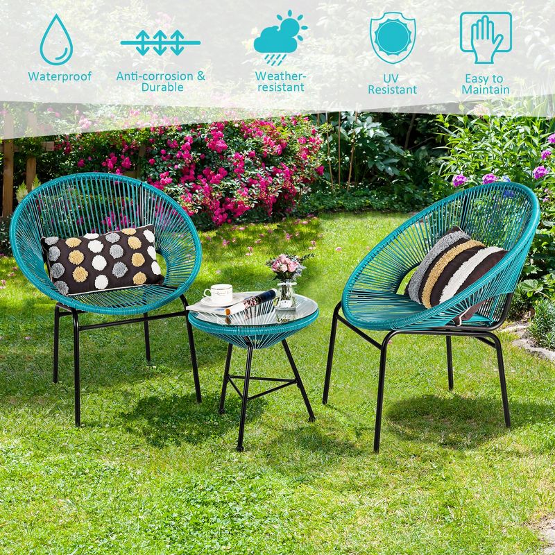 Costway 3PCS Patio Acapulco Furniture Bistro Set Plastic Rope Glass Table, 5 of 11