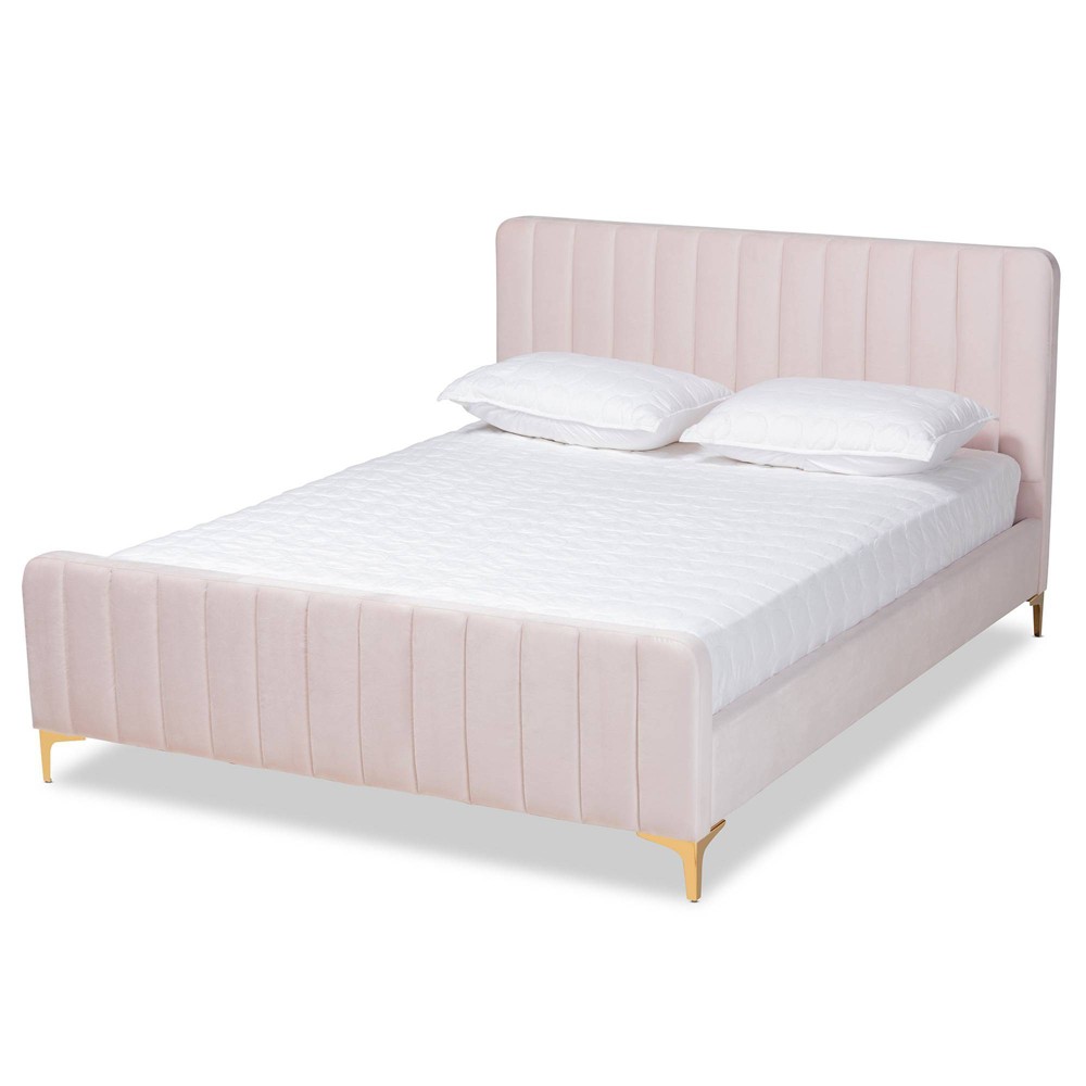 Photos - Bed Frame Queen Nami Velvet Platform Bed Light Pink/Gold - Baxton Studio