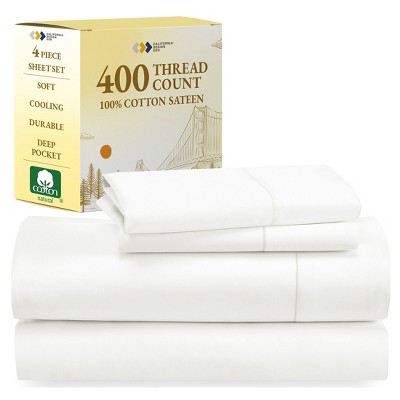 Cotton Sheets Set - Softest 400 Thread Count Bed Sheets, 100% Cotton Sateen, Cooling, Deep Pocket by California Design Den