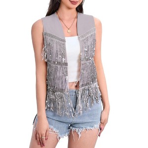 Whizmax Women's Sequin Fringe Vest 70s Denim Party Prom Rave Hippie Sleeveless Loose Costume - 1 of 4