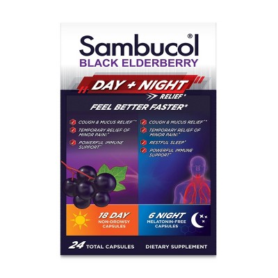 Sambucol Black Elderberry Day & Night Cough Relief - Immune Support Capsules - 24ct