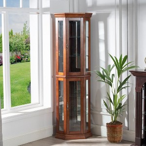 Corner Curio Cabinet with Lights, 2 Fixed And 4 Tempered Glass Shelves, Brass Handles, Mirrored Back, Walnut (E26 light bulb not included) - 1 of 4