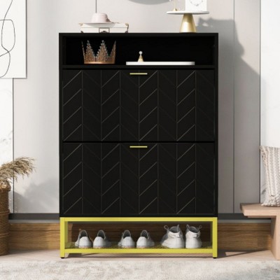 Shoe Storage Cabinet With 2 Flip Drawers, Narrow Shoe Rack Cabinet With Top And Bottom Open Shelf, Anti-tip Device For Hallway Entryway Hallway