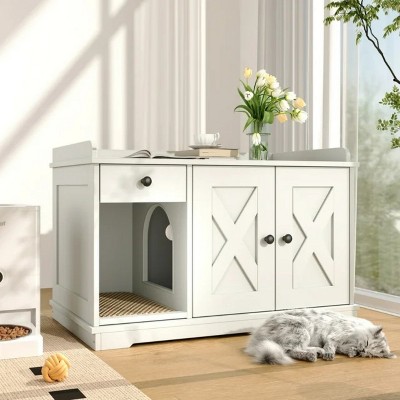 LunaLulinlk Off-white Cat Litter Box Fence, Double Hidden Litter Box Furniture for 2 Cats