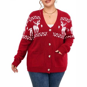 Coolmee Plus Size Cardigans Sweater for Women Funny Holiday Graphic Long Sleeve Knit Button Down Sweater Coat - 1 of 4
