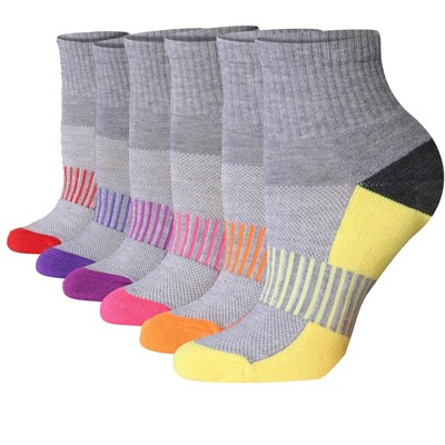 Tipi Toe Women's 6-Pairs Running & Athletic Sports Performance Grey-purple/Pink/Orange/Yellow Sole Patterned Quarter Socks